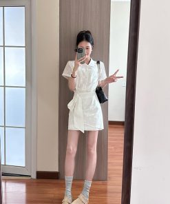 High-End White Polo Collar Dress for Women with Fitted Waist and Hollow Short Skirt - Chic Summer Style
