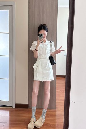 High-End White Polo Collar Dress for Women with Fitted Waist and Hollow Short Skirt - Chic Summer Style