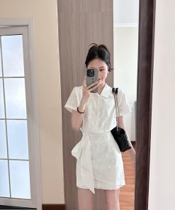 High-End White Polo Collar Dress for Women with Fitted Waist and Hollow Short Skirt - Chic Summer Style