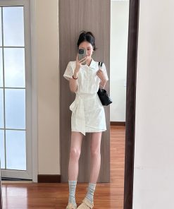 High-End White Polo Collar Dress for Women with Fitted Waist and Hollow Short Skirt - Chic Summer Style