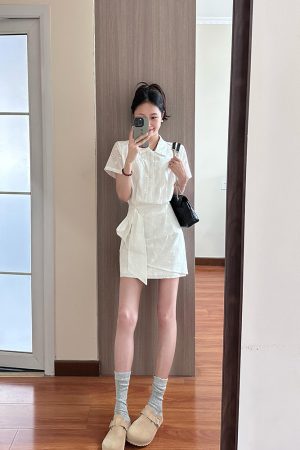 High-End White Polo Collar Dress for Women with Fitted Waist and Hollow Short Skirt - Chic Summer Style