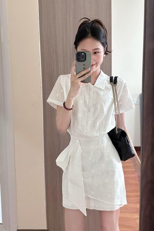 High-End White Polo Collar Dress for Women with Fitted Waist and Hollow Short Skirt - Chic Summer Style