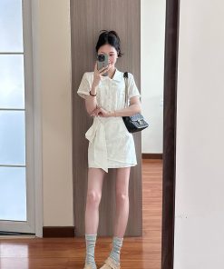 High-End White Polo Collar Dress for Women with Fitted Waist and Hollow Short Skirt - Chic Summer Style