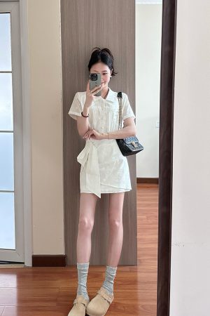 High-End White Polo Collar Dress for Women with Fitted Waist and Hollow Short Skirt - Chic Summer Style