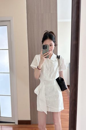 High-End White Polo Collar Dress for Women with Fitted Waist and Hollow Short Skirt - Chic Summer Style