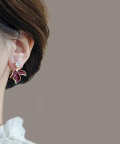 High-End Wine Red Myrtle Petal Earrings - Unique Ankara Floral Design for Women, Stylish Statement Jewelry