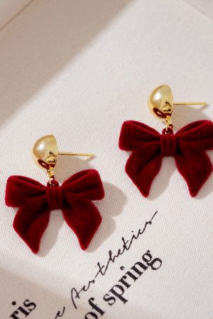 High-End Wine Red Velvet Bow Earrings - 2025 Autumn Winter Collection, Retro Niche Angora Style Jewelry