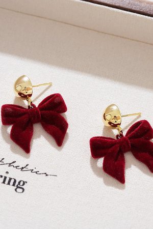 High-End Wine Red Velvet Bow Earrings - 2025 Autumn Winter Collection, Retro Niche Angora Style Jewelry
