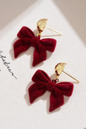 High-End Wine Red Velvet Bow Earrings - 2025 Autumn Winter Collection, Retro Niche Angora Style Jewelry