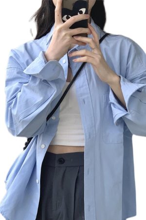 High-End Women's Blue Shirt Jacket Top - Spring Autumn 2025 Petite Niche Style