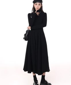 High-Neck Black A-Line Dress with Knitted Coat, Waist-Cinching Solid Color for Women - Autumn Winter Style