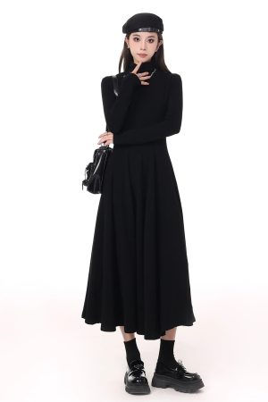 High-Neck Black A-Line Dress with Knitted Coat, Waist-Cinching Solid Color for Women - Autumn Winter Style