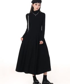 High-Neck Black A-Line Dress with Knitted Coat, Waist-Cinching Solid Color for Women - Autumn Winter Style