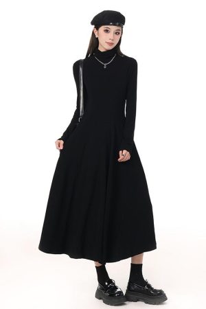 High-Neck Black A-Line Dress with Knitted Coat, Waist-Cinching Solid Color for Women - Autumn Winter Style