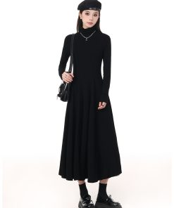 High-Neck Black A-Line Dress with Knitted Coat, Waist-Cinching Solid Color for Women - Autumn Winter Style