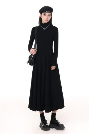 High-Neck Black A-Line Dress with Knitted Coat, Waist-Cinching Solid Color for Women - Autumn Winter Style