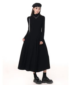 High-Neck Black A-Line Dress with Knitted Coat, Waist-Cinching Solid Color for Women - Autumn Winter Style