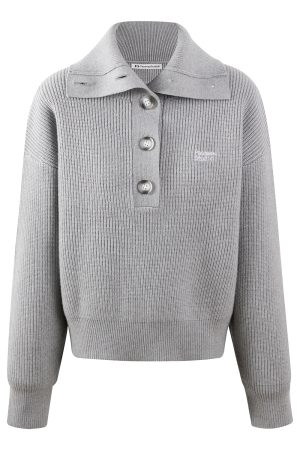 High-Neck Buttoned Knitted Sweater Pullover - Vintage College Style Solid Color Women's Knitwear