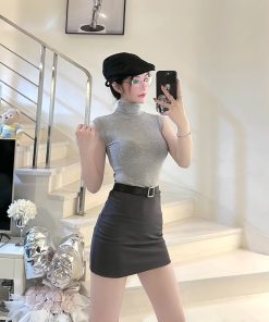 High-Neck Fitted Vest and High-Waisted Bodycon Skirt Set - Sexy Mermaid Style Office Outfit