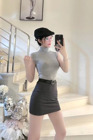 High-Neck Fitted Vest and High-Waisted Bodycon Skirt Set - Sexy Mermaid Style Office Outfit