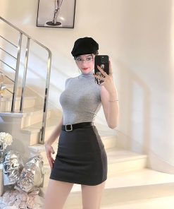 High-Neck Fitted Vest and High-Waisted Bodycon Skirt Set - Sexy Mermaid Style Office Outfit