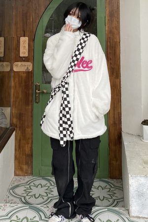 High Neck Fleece Jacket for Winter - Loose Fit, Letter Embroidery, Versatile Unisex Streetwear, Perfect for Students and Everyday Style