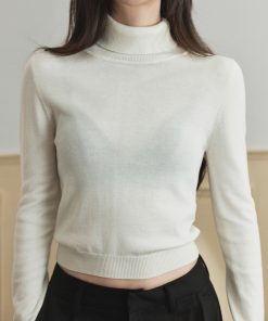 High-Neck Knitted Base Layer Long Sleeve Sweater for Women, Slim-Fit Solid Color Wool Top, Versatile Autumn Fashion
