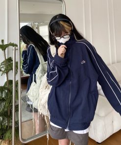 High Neck Loose Sports Jacket for Women - Vintage American Style Casual Cardigan Hoodie - Autumn Trendy Fashion Outerwear