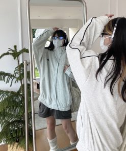 High Neck Loose Sports Jacket for Women - Vintage American Style Casual Cardigan Hoodie - Autumn Trendy Fashion Outerwear