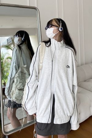 High Neck Loose Sports Jacket for Women - Vintage American Style Casual Cardigan Hoodie - Autumn Trendy Fashion Outerwear