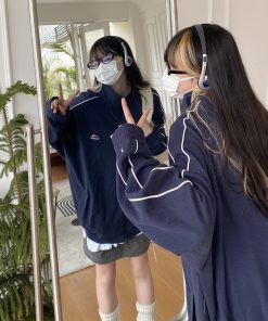 High Neck Loose Sports Jacket for Women - Vintage American Style Casual Cardigan Hoodie - Autumn Trendy Fashion Outerwear