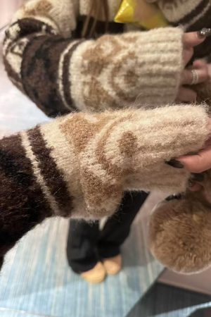 High Neck Pumpkin Fair Isle Sweater Women's Textured Knitted Cardigan Beige Color Block Top for Fall Style