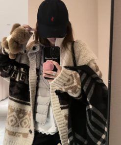 High Neck Pumpkin Fair Isle Sweater Women's Textured Knitted Cardigan Beige Color Block Top for Fall Style