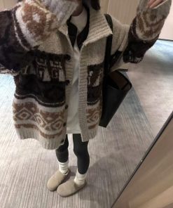 High Neck Pumpkin Fair Isle Sweater Women's Textured Knitted Cardigan Beige Color Block Top for Fall Style