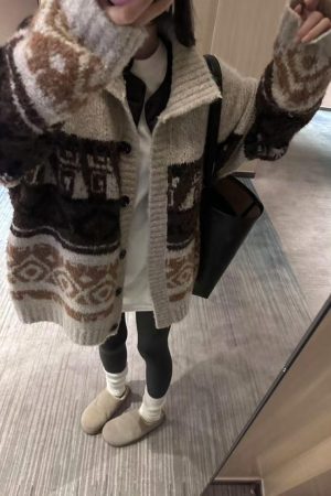 High Neck Pumpkin Fair Isle Sweater Women's Textured Knitted Cardigan Beige Color Block Top for Fall Style
