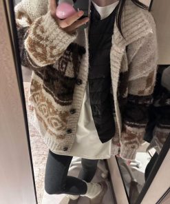 High Neck Pumpkin Fair Isle Sweater Women's Textured Knitted Cardigan Beige Color Block Top for Fall Style