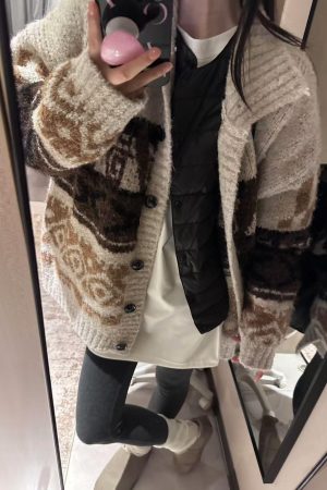 High Neck Pumpkin Fair Isle Sweater Women's Textured Knitted Cardigan Beige Color Block Top for Fall Style