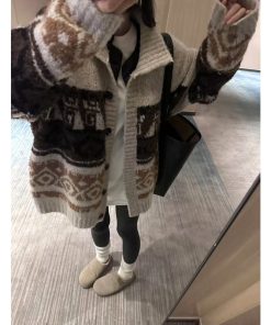 High Neck Pumpkin Fair Isle Sweater Women's Textured Knitted Cardigan Beige Color Block Top for Fall Style