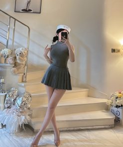 High-Neck Sleeveless Top and Pleated Skirt Two-Piece Set - Sexy BabykinG Pure Desire Style for Women, Y2K Fashion