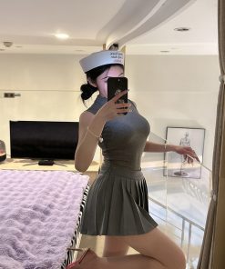 High-Neck Sleeveless Top and Pleated Skirt Two-Piece Set - Sexy BabykinG Pure Desire Style for Women, Y2K Fashion