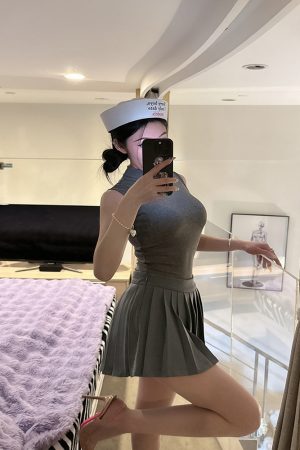 High-Neck Sleeveless Top and Pleated Skirt Two-Piece Set - Sexy BabykinG Pure Desire Style for Women, Y2K Fashion