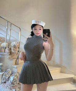 High-Neck Sleeveless Top and Pleated Skirt Two-Piece Set - Sexy BabykinG Pure Desire Style for Women, Y2K Fashion