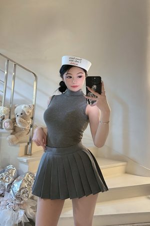 High-Neck Sleeveless Top and Pleated Skirt Two-Piece Set - Sexy BabykinG Pure Desire Style for Women, Y2K Fashion