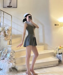 High-Neck Sleeveless Top and Pleated Skirt Two-Piece Set - Sexy BabykinG Pure Desire Style for Women, Y2K Fashion