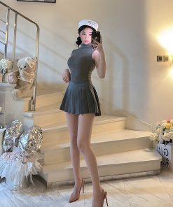 High-Neck Sleeveless Top and Pleated Skirt Two-Piece Set - Sexy BabykinG Pure Desire Style for Women, Y2K Fashion