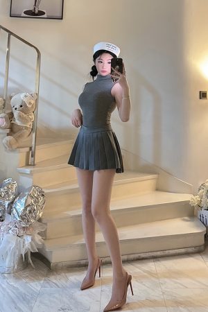 High-Neck Sleeveless Top and Pleated Skirt Two-Piece Set - Sexy BabykinG Pure Desire Style for Women, Y2K Fashion