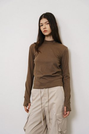 High Neck Waffle Long Sleeve Top - Roaring Beast Design, Fall/Winter 2025, Trendy 90s Inspired Fashion