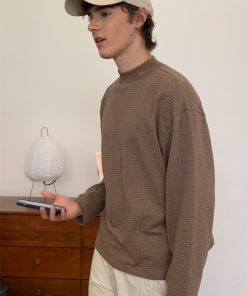 High Neck Waffle Long Sleeve Top - Roaring Beast Design, Fall/Winter 2025, Trendy 90s Inspired Fashion