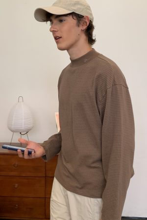 High Neck Waffle Long Sleeve Top - Roaring Beast Design, Fall/Winter 2025, Trendy 90s Inspired Fashion