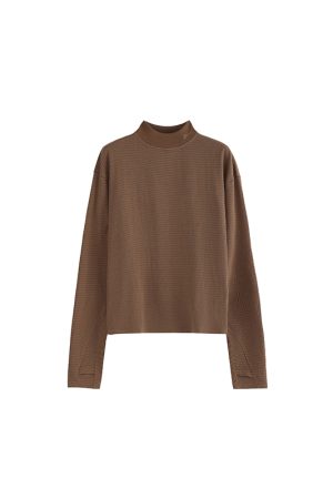 High Neck Waffle Long Sleeve Top - Roaring Beast Design, Fall/Winter 2025, Trendy 90s Inspired Fashion